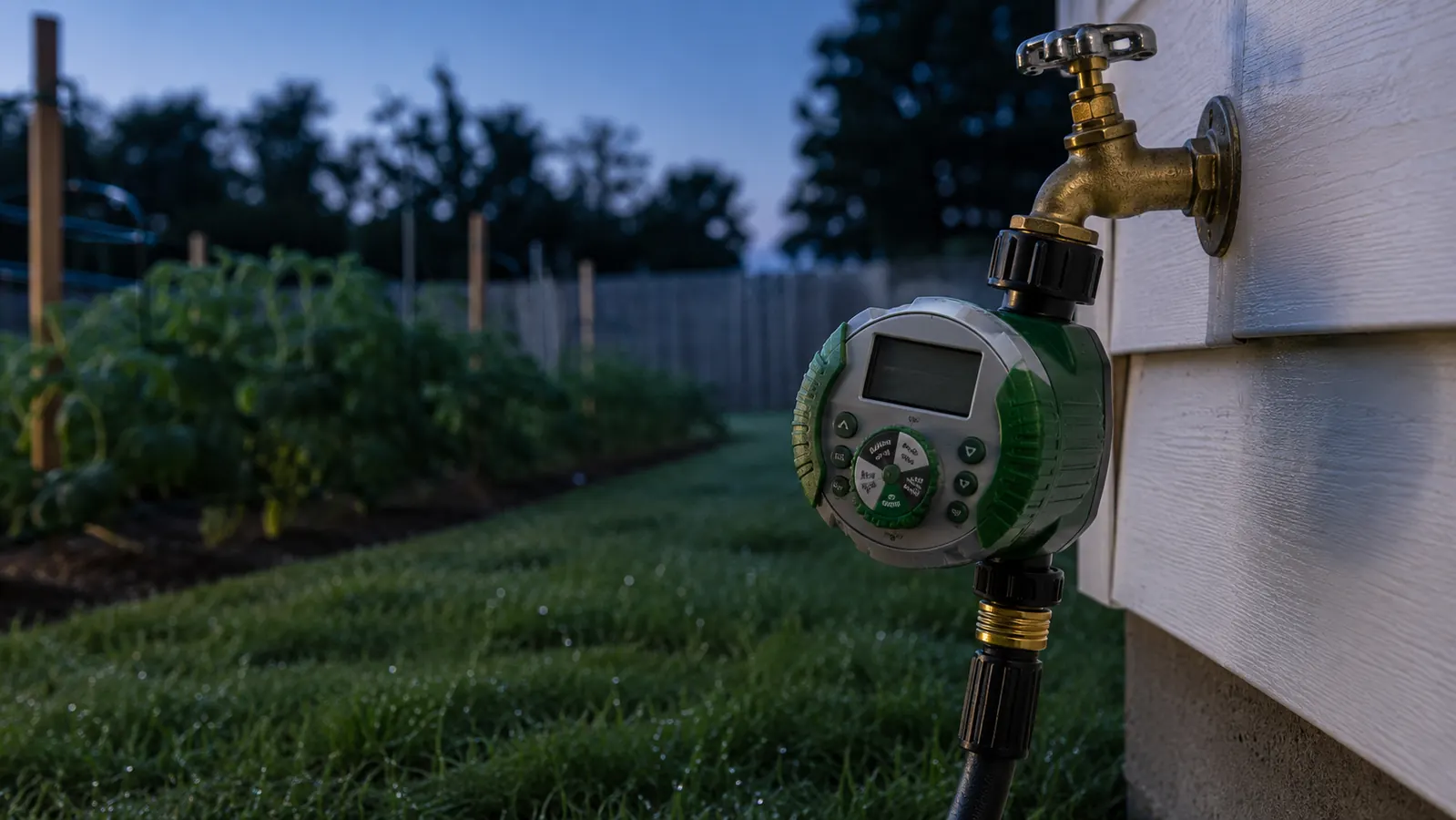 Orbit digital hose timer mounted on an outdoor spigot in early morning light, dew still on the grass