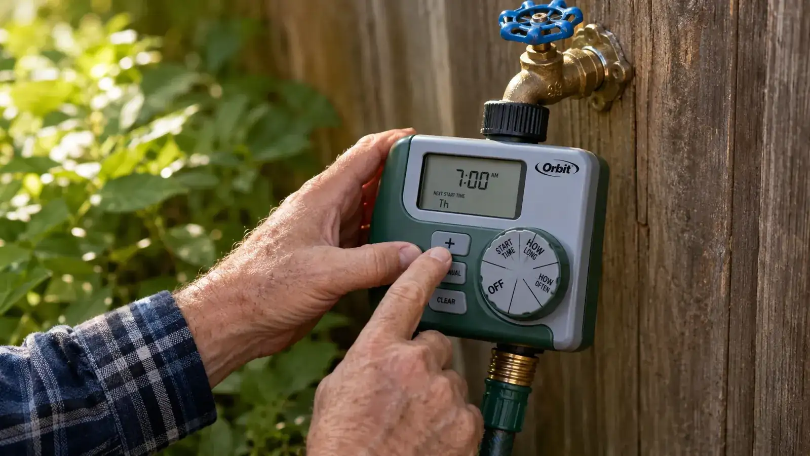 Hand pressing the buttons on the Orbit digital timer's LCD screen to set a watering program