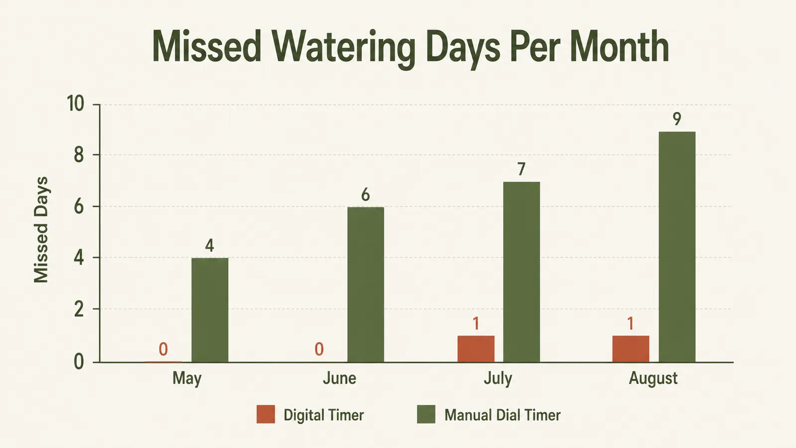Bar chart comparing missed watering days per month between the digital timer and the manual dial timer