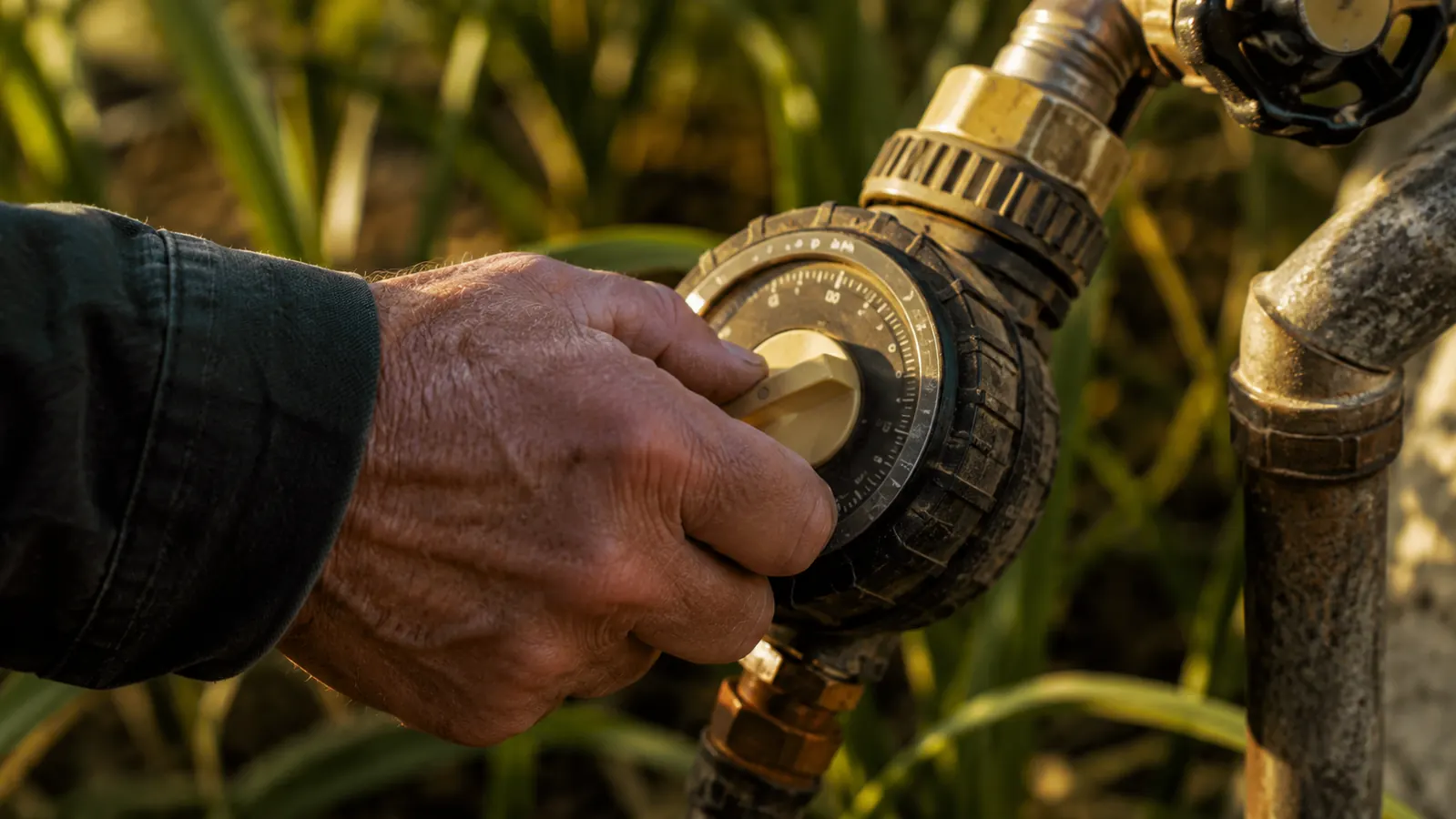 Hand twisting the dial on an old-style manual mechanical hose timer