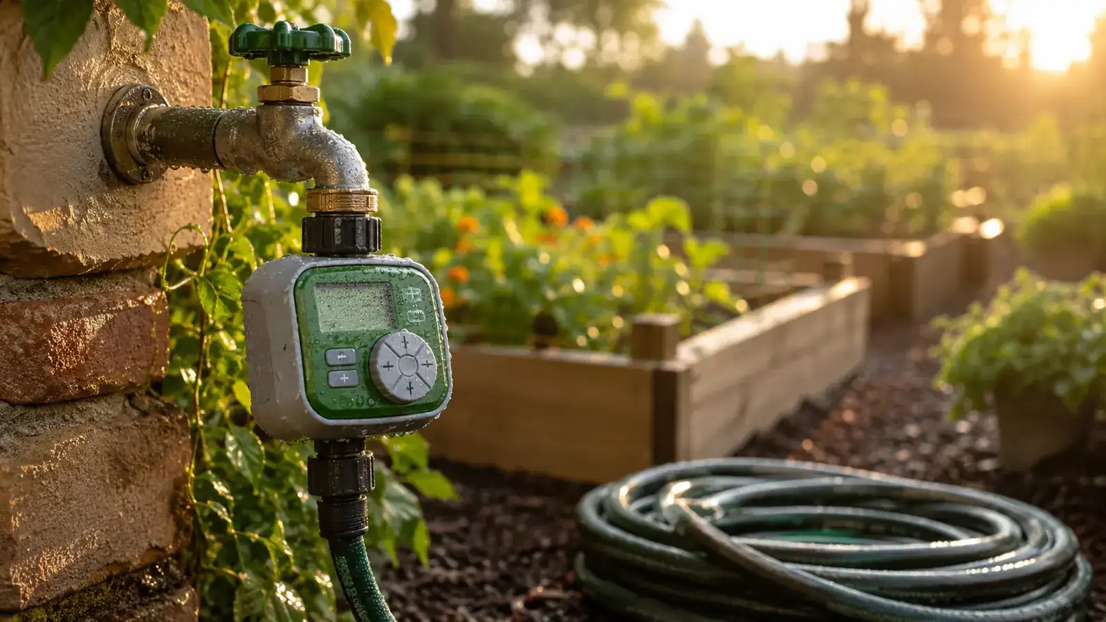 Orbit digital hose timer mounted on an outdoor spigot next to a coiled garden hose in early morning light
