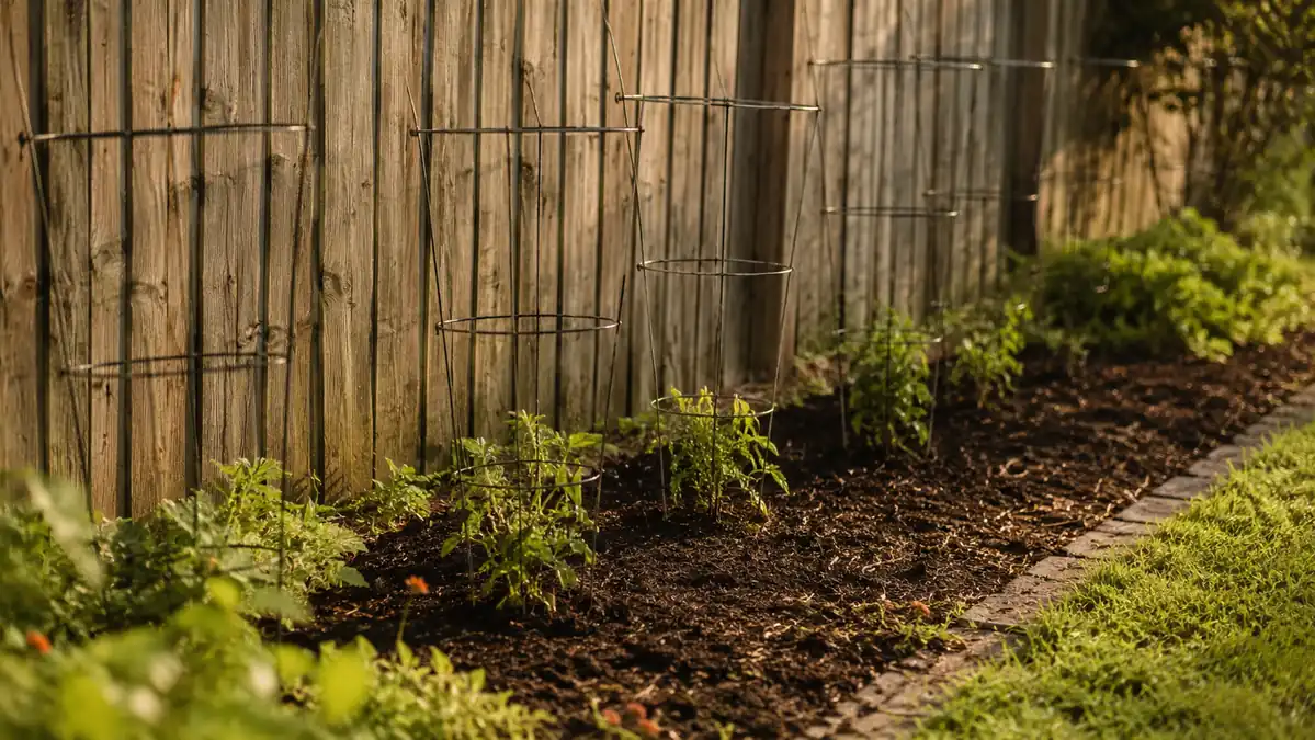 A cleared garden side bed with tomato cages in the background after a morning of weeding
