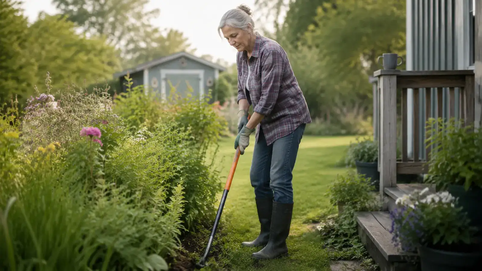 Woman standing upright using a stand-up weed puller in a garden bed in early morning light