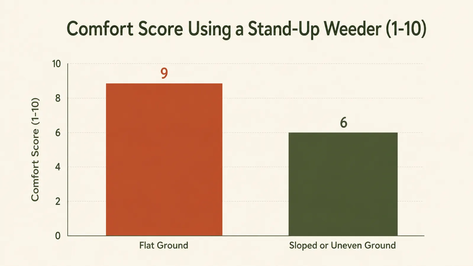 Simple bar chart comparing self-reported comfort scores for using a stand-up weed puller on flat ground versus on a sloped garden bed