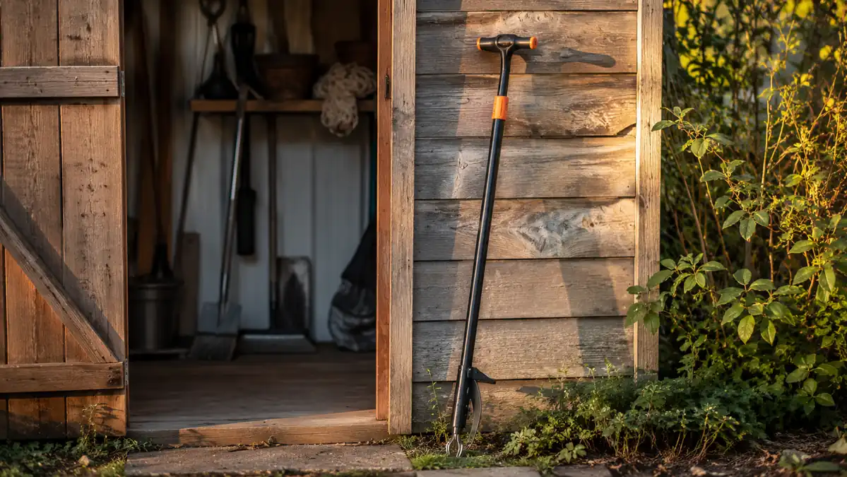Fiskars stand-up weed puller leaning against a narrow garden shed doorway, too long to fit on the wall rack inside