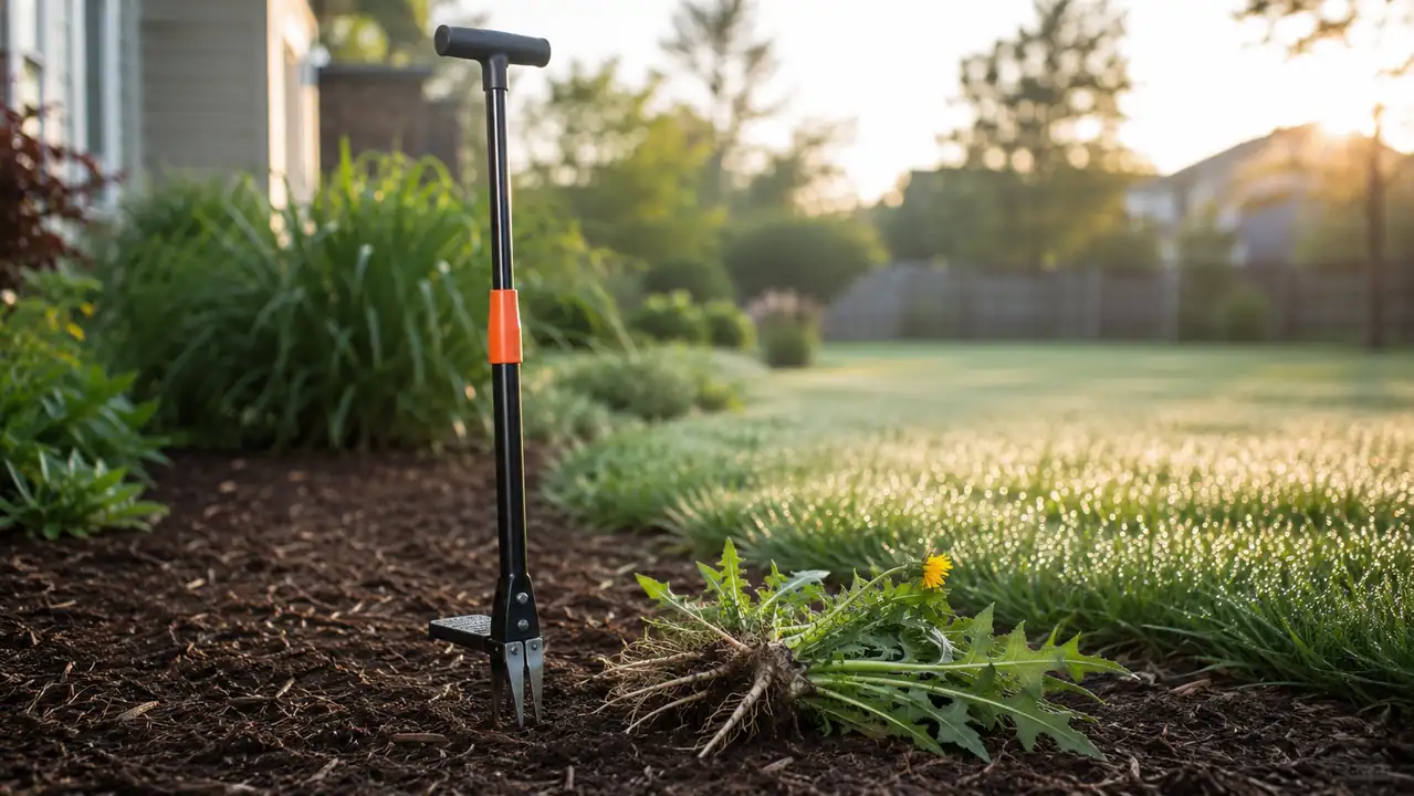 Fiskars stand-up weed puller standing upright in a garden bed next to a cluster of pulled dandelions, morning light