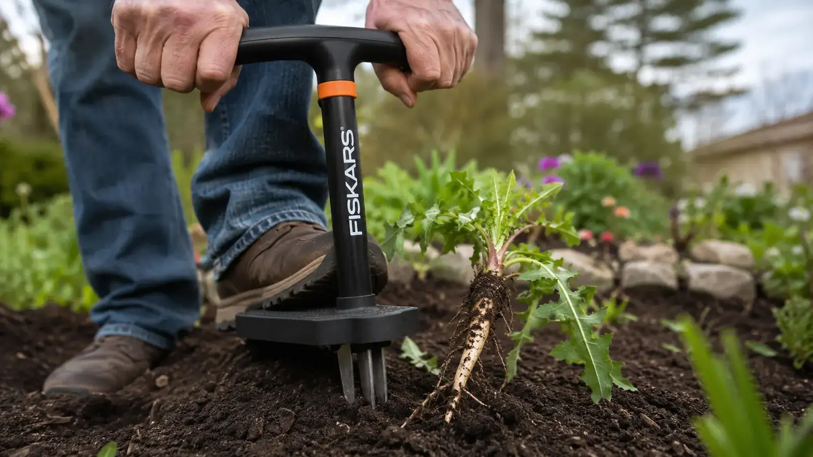 Close-up of a stand-up weed puller's foot platform and claws pressed into soil next to a dandelion root