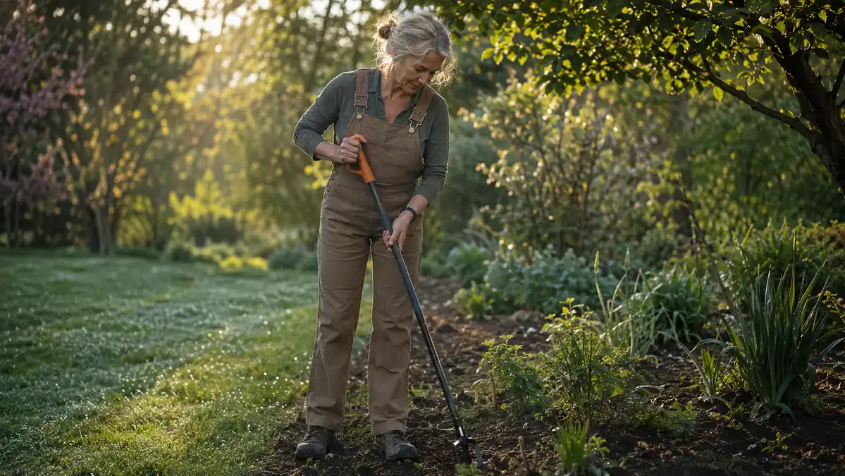 A woman standing in a garden bed pressing a stand-up weed puller into the soil next to a low bin of pulled dandelions