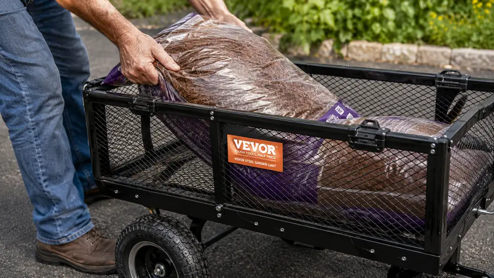 Close-up of hands loading bagged mulch into a steel garden cart with mesh sides