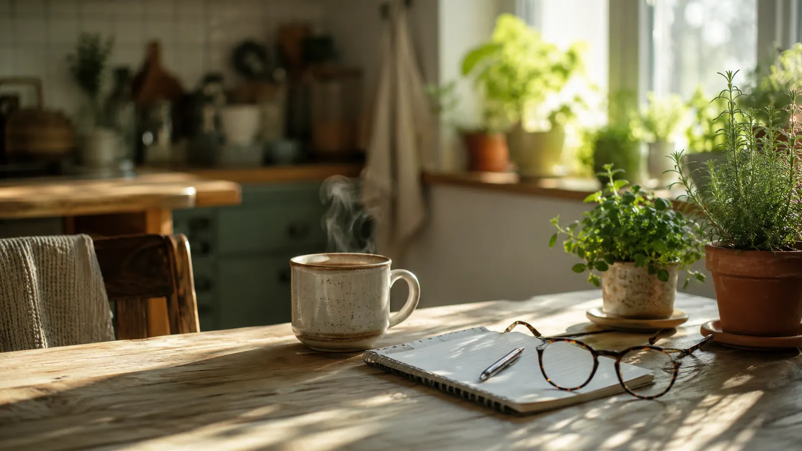 Kitchen table with a cup of coffee and a notepad, morning light through the window
