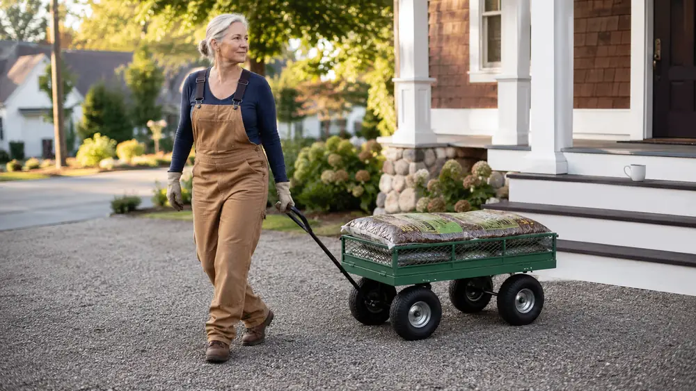 Woman in gardening clothes pulling a loaded steel garden cart across a gravel driveway at sunrise