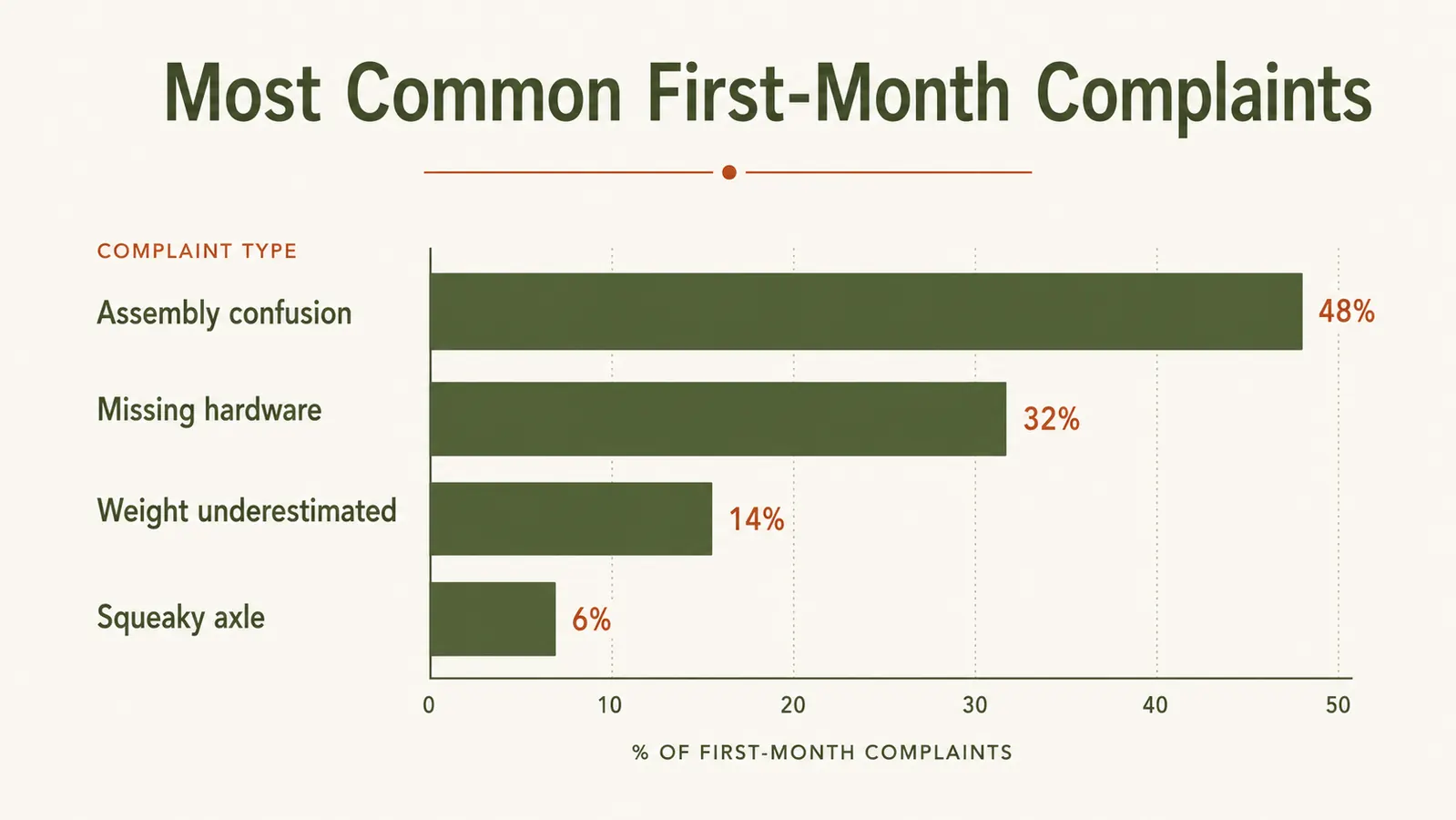 Chart showing the most common first-month complaints reported about the cart, ranked by frequency