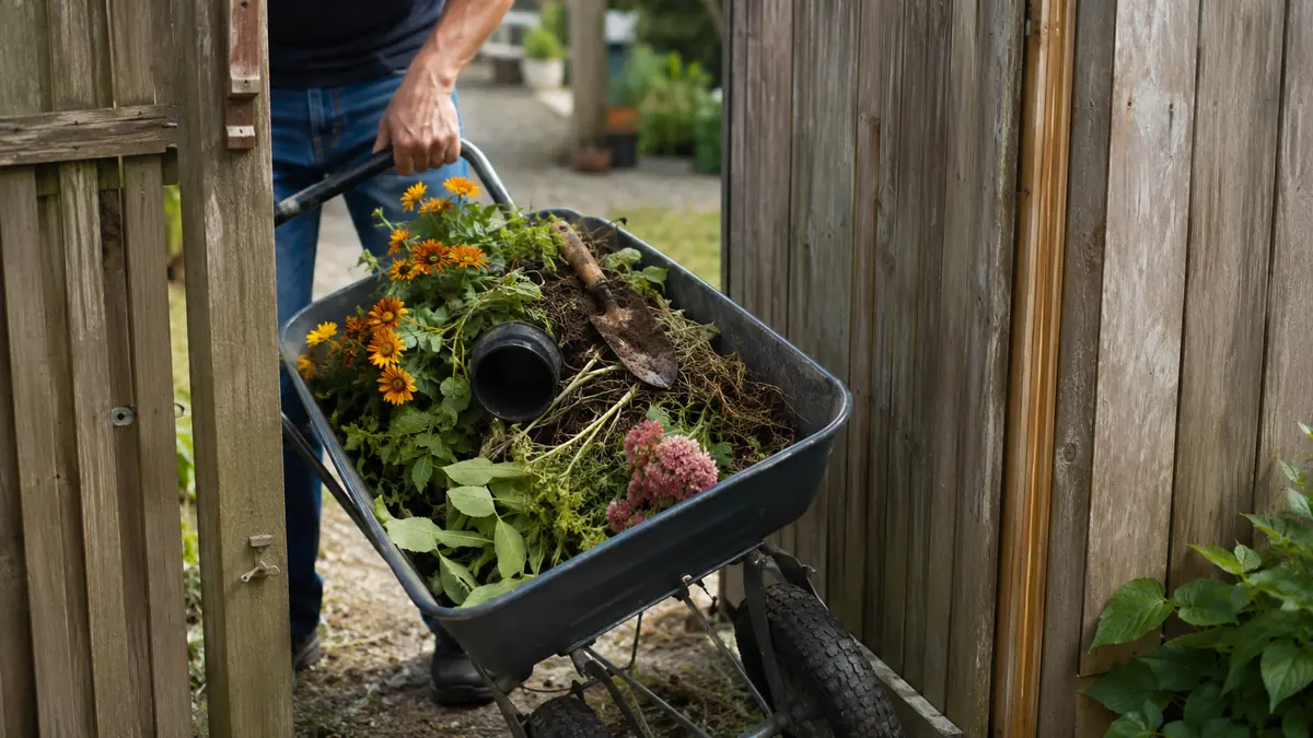 Steel garden cart being angled sideways to squeeze through a narrow wooden side gate