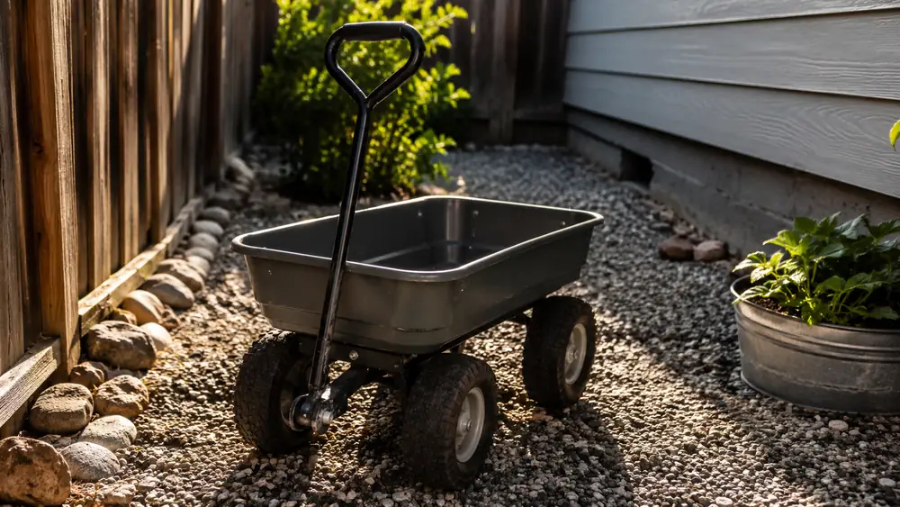 Empty steel garden cart with mesh sides sitting in a side yard, a few paint scuffs visible near the axle in late afternoon shadow
