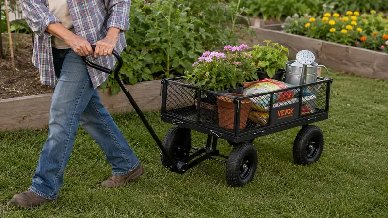 Hands gripping the rotating handle of the steel garden cart while pulling it across a lawn