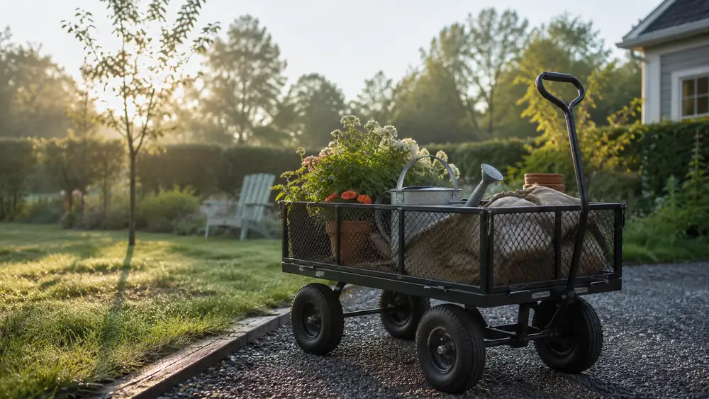 Green steel garden cart loaded with bagged mulch parked on a gravel driveway in early morning light