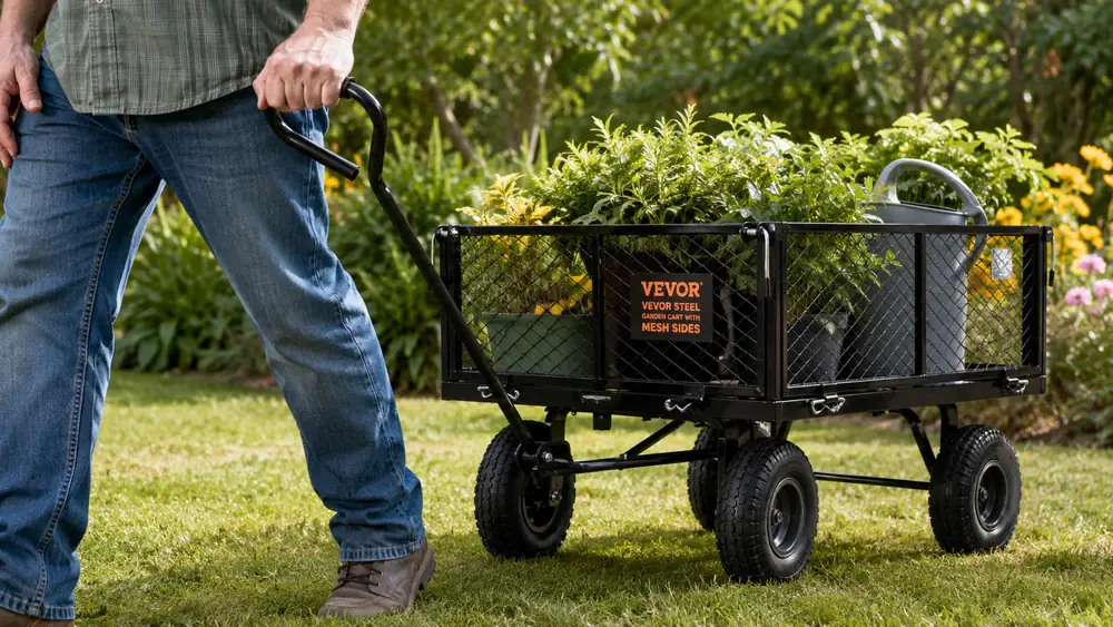 Hand gripping the rotating handle of the steel garden cart while pulling it across a lawn toward a flower bed