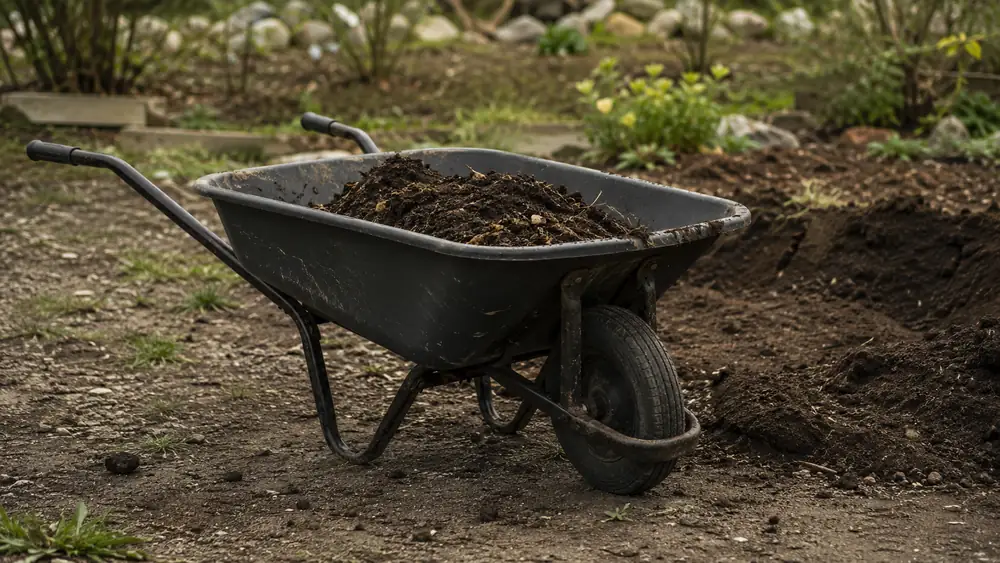 Plastic wheelbarrow tipped slightly to one side on a rutted section of yard, single front wheel visible