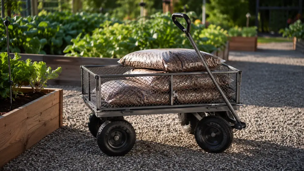 VEVOR steel garden cart loaded with mulch bags parked on a gravel path beside raised garden beds